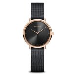 Montre - bering - ultra slim - acier rose - bracelet maille milanaise noire - femme