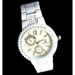 Montre femme bellos bracelet acier rose fleur blanc bijoux strass effet ceramique quartz cadeau