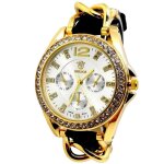 Montre femme cuir et acier noir or fine bijoux strass fashion ide cadeau bellos