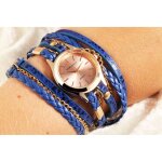Montre femme - dk0009 - bleu - bo�tier rond 30 mm - bracelet simili cuir enroulable 50 cm
