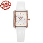 Montre femme de luxe - marque - bracelet en cuir blanc - or rose - cristaux - style formel - quartz analogique ... Montre femme de luxe - marque - bracelet en cuir blanc - or rose - cristaux - style formel - quartz analogique ...