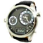 Montre homme 3 fuseaux digitale + aiguilles noir argent cuir xl boss rond classe id�e cadeau