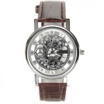 Montre homme - brun - squelette - cuir synthtique - analogique - quartz