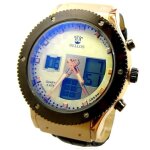 Montre homme cuir marron blanc cuivre digitale + analogique double affichage alarme led date