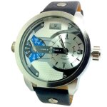 Montre homme cuir new mini daddy noir black argent 2 fuseaux horaire id�e cadeau