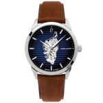Montre homme monarck corse argent� cadran bleu bracelet cuir brun 22 mm