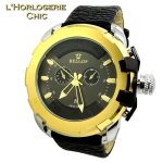 Montre homme noir or gold titane blind� armure commando acier cuir id�e cadeau