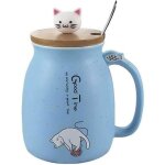 Mug en c�ramique mug chat mignon pour le caf� tasse chat kawaii avec couvercle et cuill�re en acier inoxydable ...