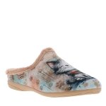 Mules beiges � talon plat avec des motifs chat sur lempeigne