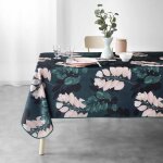 Nappe antitache rectangulaire - 150 x 200 cm - feuilles et fleurs bleues et roses - fond bleu - bleu