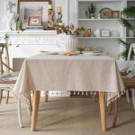 Nappe en lin anti tache - beige - rectangulaire 140x180 cm - lavable pour table manger picnic