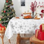 Nappe de no�l ovale 152x213 cm blanche lavable imperm�able huile motif flocon neige argent� chemin de ...