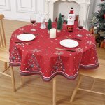 Nappe de no�l ronde � motif rennes imperm�able anti - taches 150 x 150 cm rouge