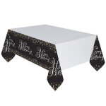 Nappe en plastique - happy birthday - argent / noir - 137 x 259 cm - lavable