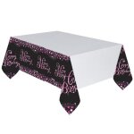 Nappe - happy birthday - rose / noir - 137 x 259 cm - plastique - rectangulaire