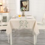 Nappe rectangulairenappe en coton linavec broderie de feuilles vertes & frangespour cuisine table � manger140 ...