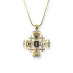 Nazareth store croix de j�rusalem �mail bleu plaqu� or 18k pendentif collier pierres cristallis�es cha�ne ...