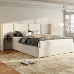 New - lit coffre capitonn� 160 x 200 cm lit adulte avec port usb et deux tables de chevet sommier � lattes ...