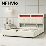 Nfhvlo lit � sommier tapissier 160 x 200 cm avec cadre � lattes et grand espace de rangement lit double ...