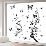 Sticker mural noir vigne de fleur et papillons - style scandinave moderne