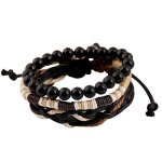 Bracelet - vintage - noir - bois - corde en alliage de zinc - r�glable 17 - 30 cm