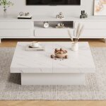 O. ye table basse carr�e moderne blanche effet marbre 4 tiroirs plateau coulissant 90x90x25cm blanc table ...