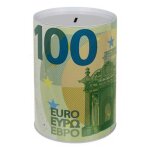 Grande tirelire en m�tal xxl motif billets de banque de 100 euro / dimensions : 15 x 15 x 22 cm