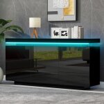 Okwish buffet laqu� led 140x35x725 cm avec 2 portes et 3 tiroirs design sans poign�es noir