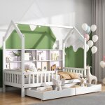 Okwish lit cabane enfant en bois 200x90 cm - avec 2 tiroirs �tag�res barri�re s�curit� et sommier � lattes ...