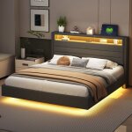 Okwish lit double 160x200 cm lit adulte avec coffre de rangement led et port usb sommier � lattes lin ...