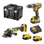 Pack 2 outils 18v xr (dcd796 + dcg405) + 2 batteries 5ah + chargeur + coffret t - stak - dewalt