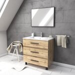 Meuble de salle de bain 80 cm - ch�ne industriel - 3 tiroirs - vasque et miroir