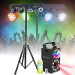 Pack lumires ibiza light - pied clairages 4 projecteurs par led rgb - machine fume leds rgb foggy ...