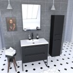 Pack meuble de salle de bain 80x50 cm noir - 2 tiroirs - vasque blanche - miroir - colonne suspendu