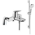 Pack mitigeur bain douche hansgrohe logis + ensemble de douche hansgrohe crometta chrom avec colonnettes ...
