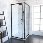 Porte de douche pivotante et retour 80x80x200 - profil�s noir mat - crush pivotante