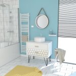 Meuble salle de bain scandinave blanc 80 cm sur pieds avec tiroir vasque a poser et miroir rond