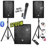 Pack sono 2200w - enceintes 12 + caisson 15 + pieds + micro uhf - usb / bluetooth + cbles