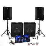 Pack sono pro 3000w - 2 enceintes disco15b 2x700w + 2 caissons actifs sub15a 2x800w + pieds + mixage ...