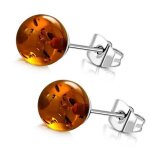 Boucles doreilles - ambre - acier inoxydable - 8mm - cognac - mixte