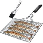 Panier grille pour barbecue pliable en acier inoxydable l�gumes ou crevettes avec poign�e amovible brosse ...