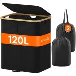 Panier � linge 2 compartiments - vetobiol - 120l - 53x38x60 cm - noir - couvercle - poign�es bambou