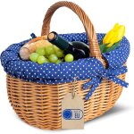 Panier pique - nique - creative home - osier pois bleu marine - 43x32x37 cm - osier naturel - ficelles ...