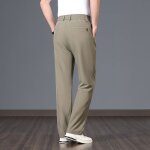 Pantalon coupe droite homme confort taille elastique extensiblekaki fonce