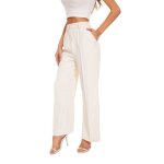 Pantalon femme - jambes larges xs blanc - taille haute - devant pliss� - 95% polyester 5% �lasthanne