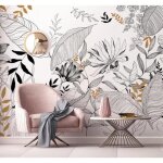 Papier peint - feuilles de fleurs minimaliste - noir et blanc - 400x280cm - intissé Papier peint - feuilles de fleurs minimaliste - noir et blanc - 400x280cm - intissé