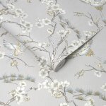 Papier peint intiss� superfresco easy oiseaux du japon - 52 x 1005 cm - bleu motif floral