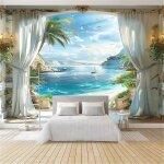Papier peint panoramique 3d villa oc�an vue mer papier peint poster mural multicolore pour salon chambre ...