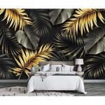Papier peint panoramique feuilles noir or papier peint nature murale chambre salon - wallpaper - 410cmx280cm ...