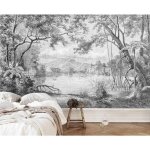 Papier peint panoramique for�t noire et blanche dessin�e 350x256cm jungle papier peint soie 3d poster ...